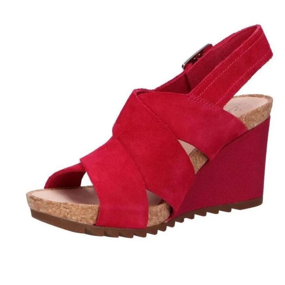 Brand new in box Clark Artisan Fuchsia suede Wedge Sandals Size 9.5w
